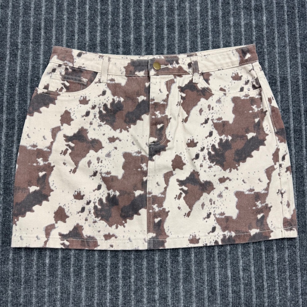 Miou Muse Cow Print Denim Mini Skirt Large Brown White Excellent Western (2209)
